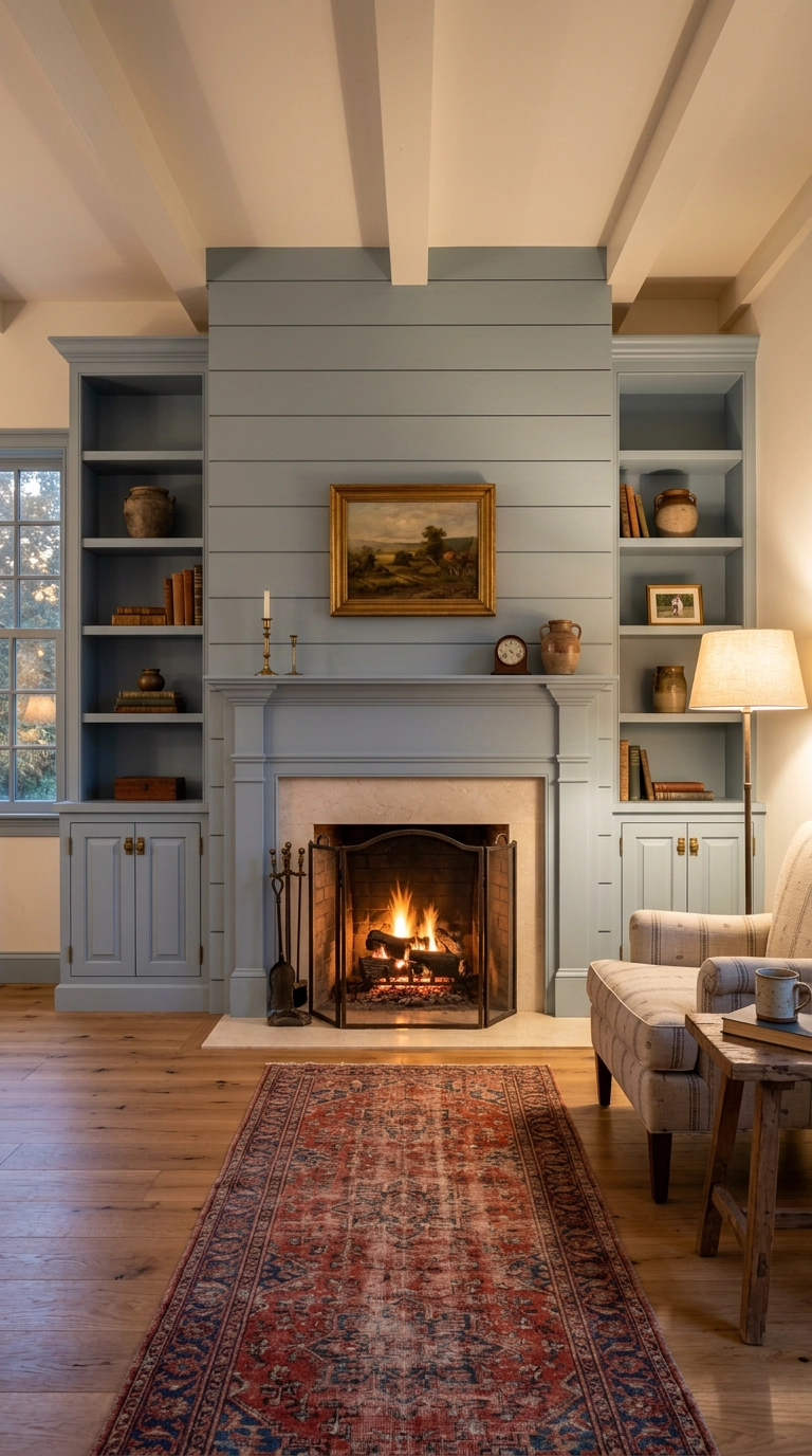 Dove blue-grey shiplap fireplace flanked by built-in bookcases in the same paint color