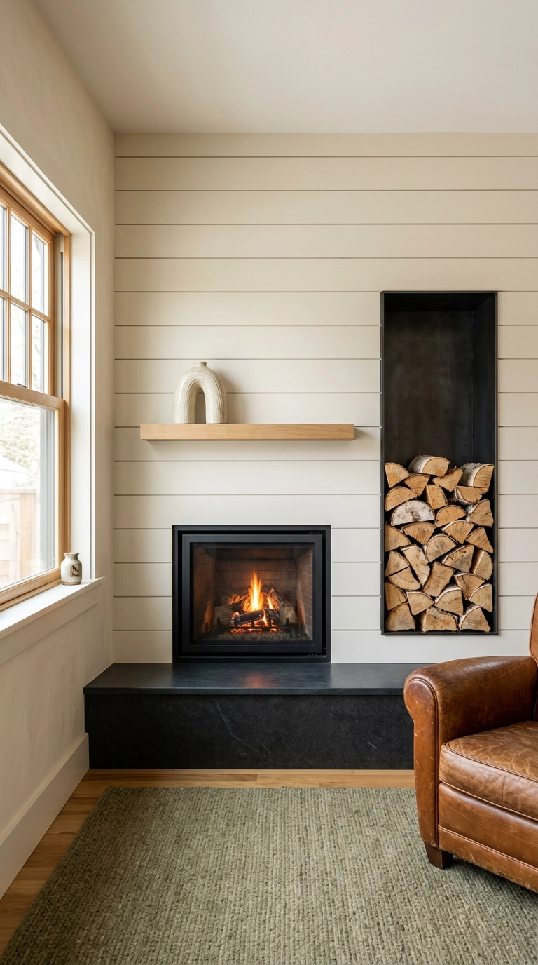 White shiplap fireplace with a recessed steel-lined alcove stacked with birch logs