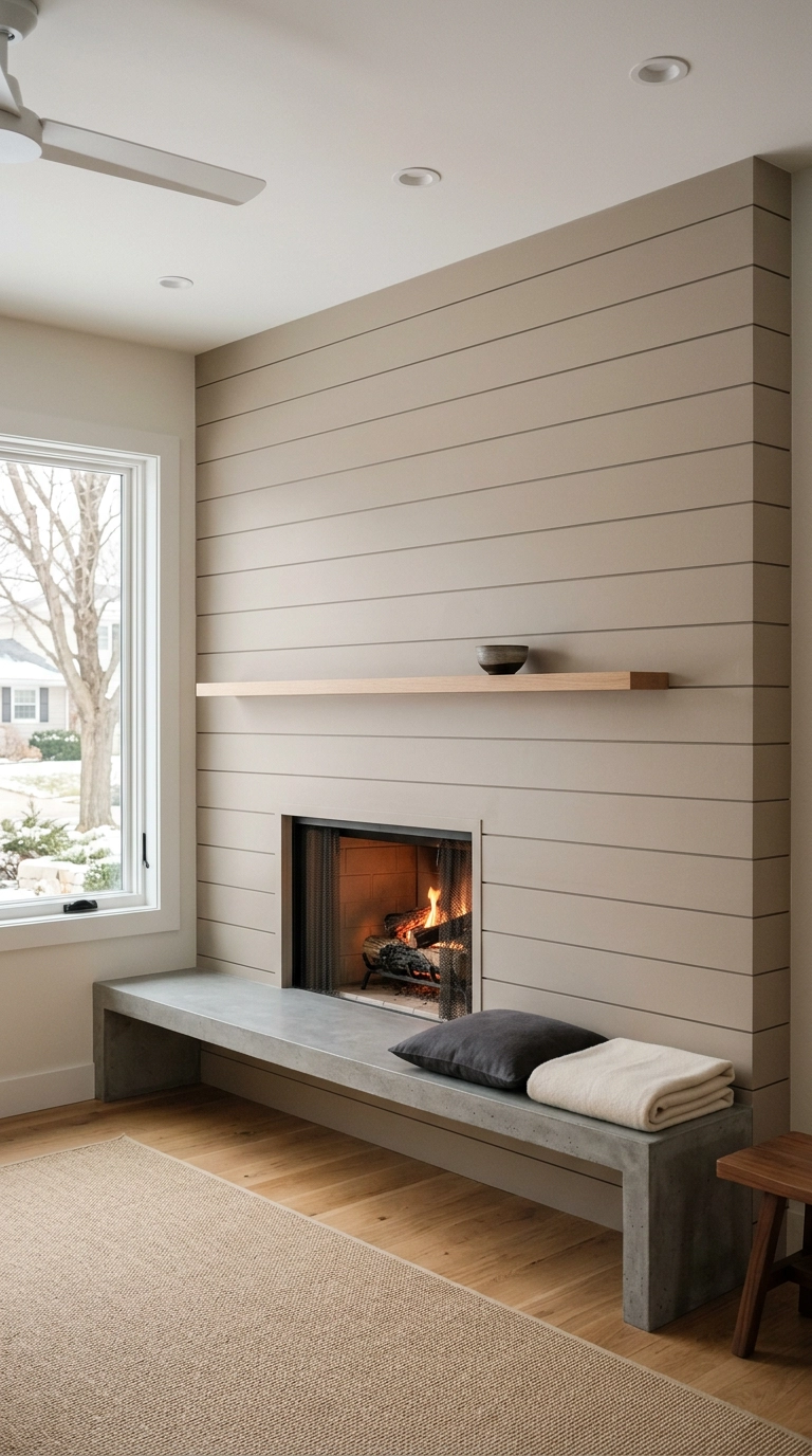 Taupe shiplap fireplace with a raised concrete hearth bench used as extra seating