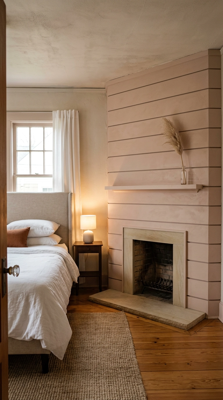 Blush-toned shiplap bedroom fireplace with a slim mantel and linen bedding