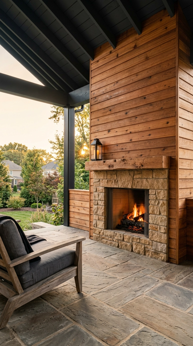 Western red cedar shiplap outdoor fireplace on a covered patio with a stone surround