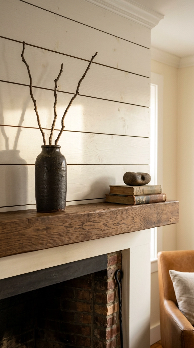 Asymmetric shiplap mantel styling with a tall vase on one side and bare space