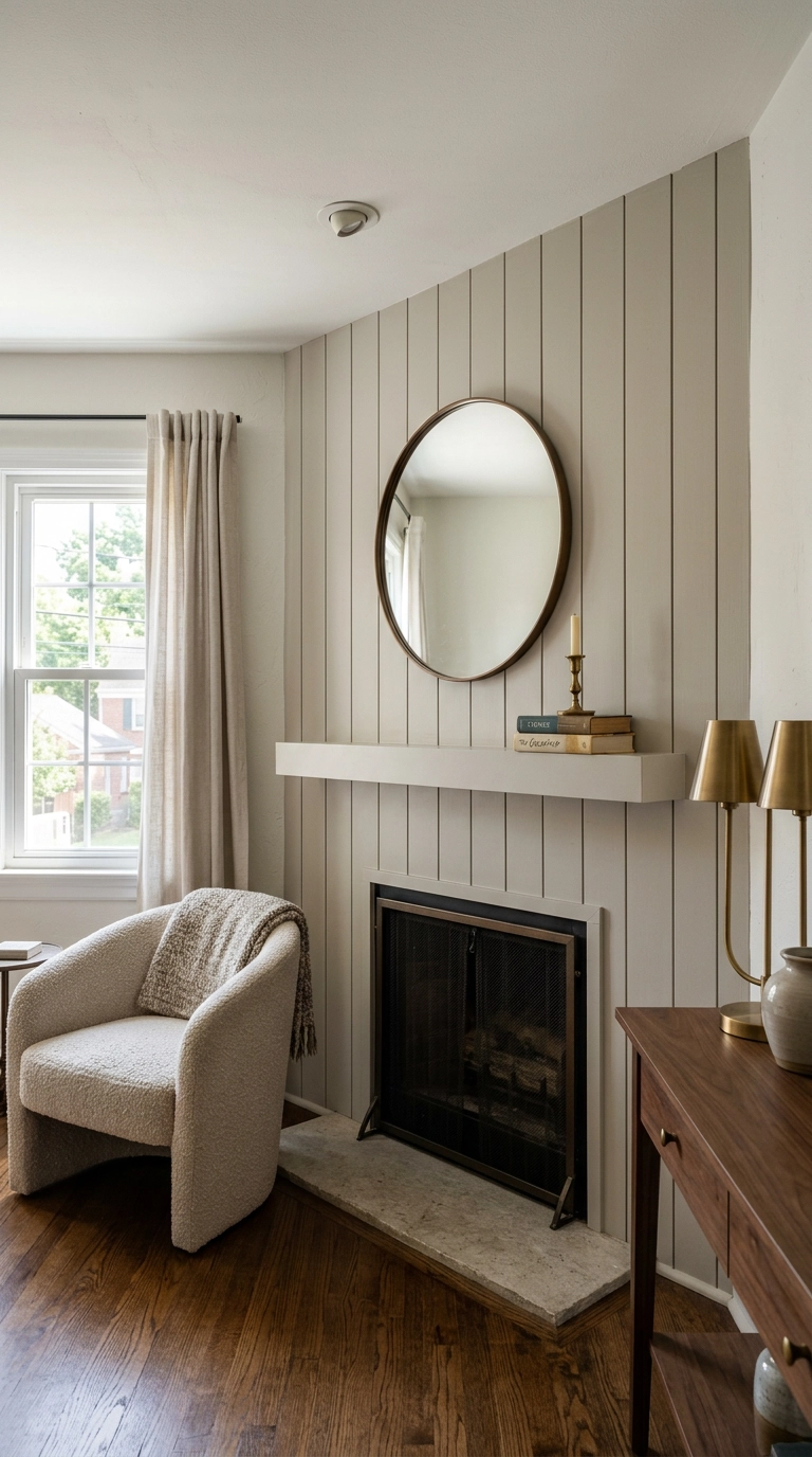Vertical greige shiplap fireplace wall with a limestone hearth in a townhouse living room