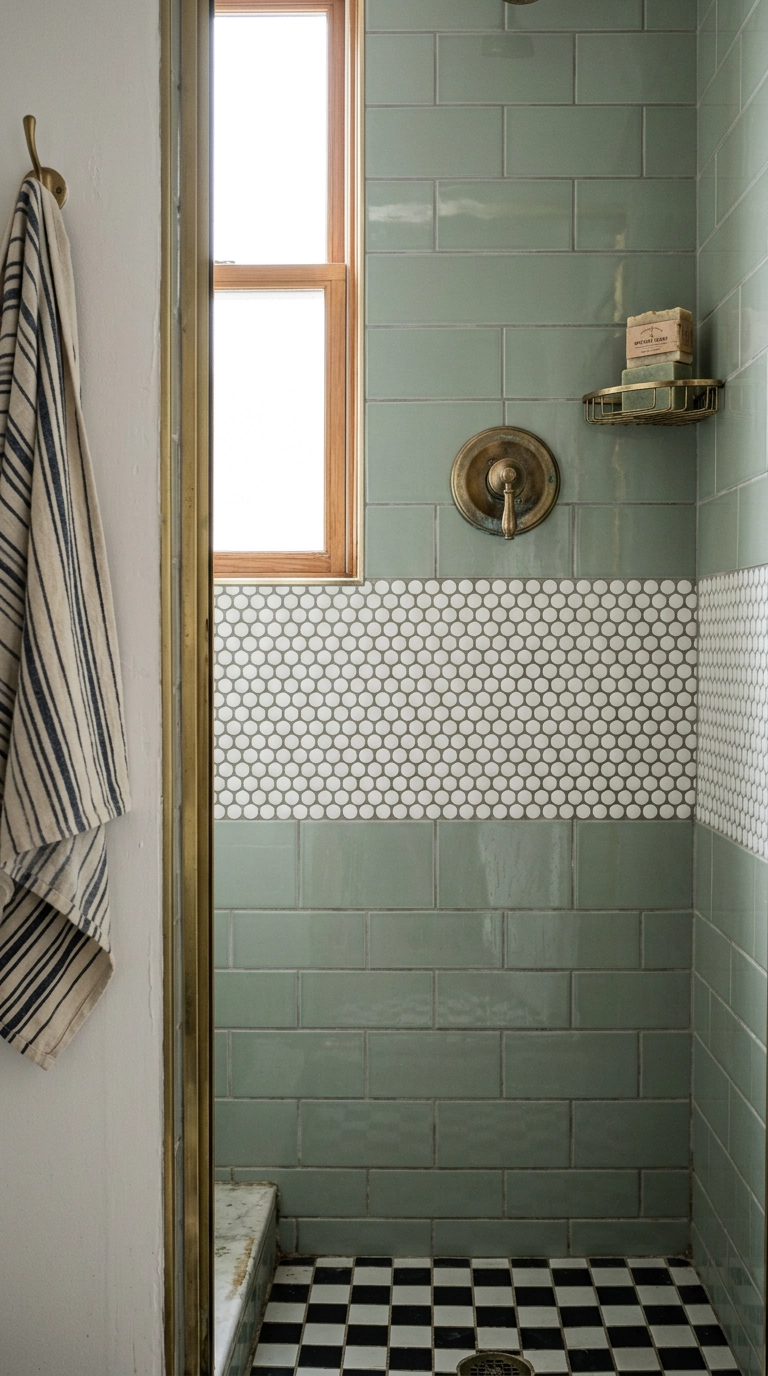 White penny round tile accent band running across a sage green shower wall