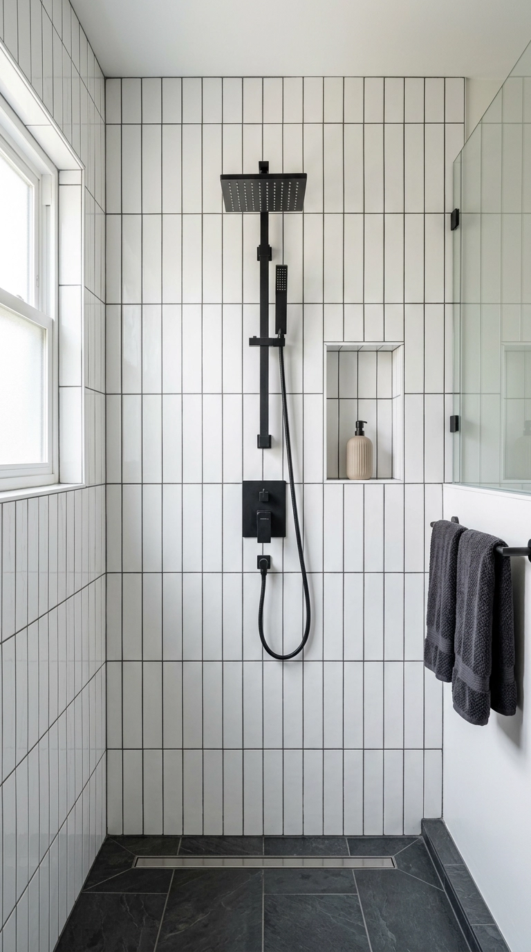 White subway tile stacked vertically on a shower wall with dark charcoal grout and matte black fixtures
