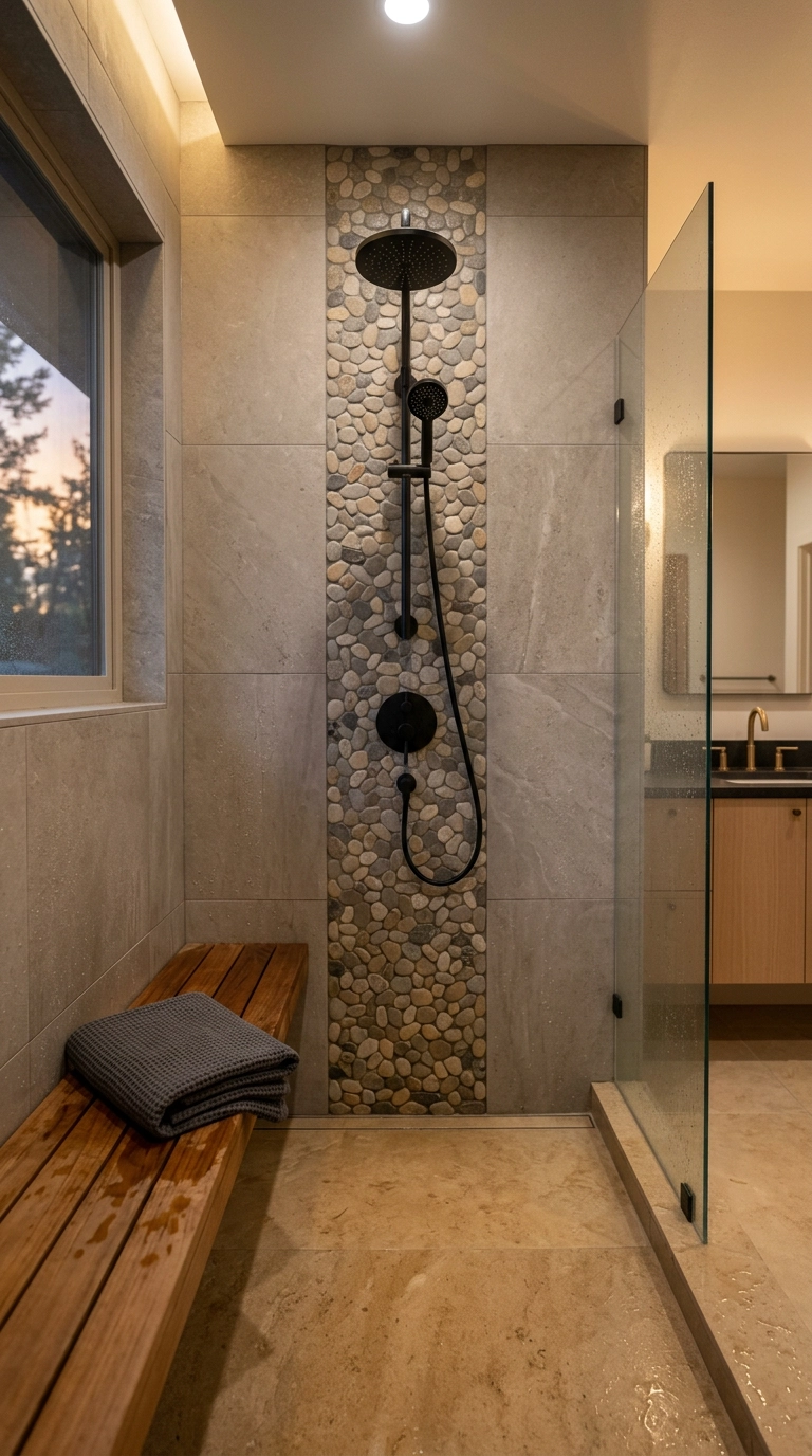 River pebble mosaic strip on a shower wall behind black fixtures with limestone surround