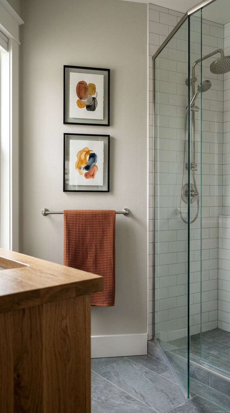 Two small framed abstract prints on the dry wall beside a glass shower enclosure