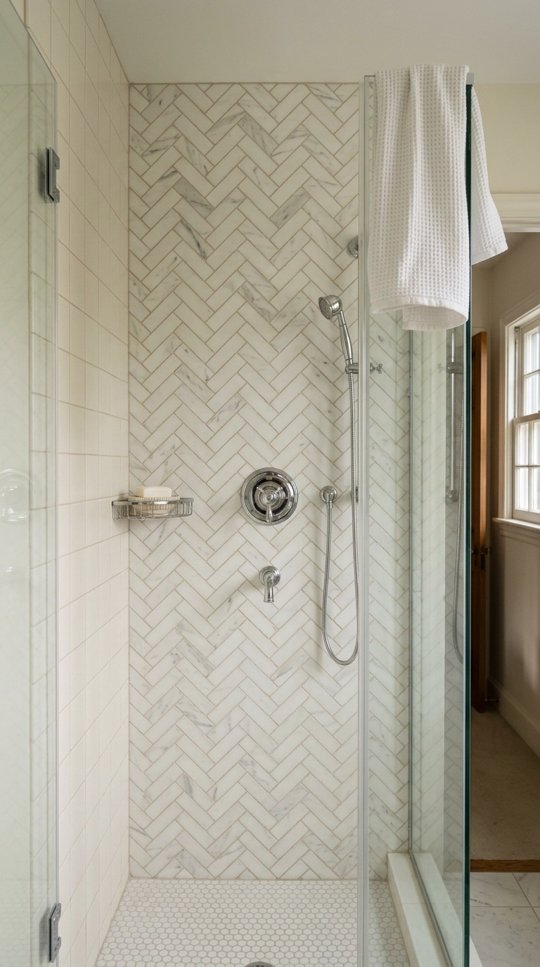 Herringbone marble-look tile feature wall inside a shower with plain white side walls
