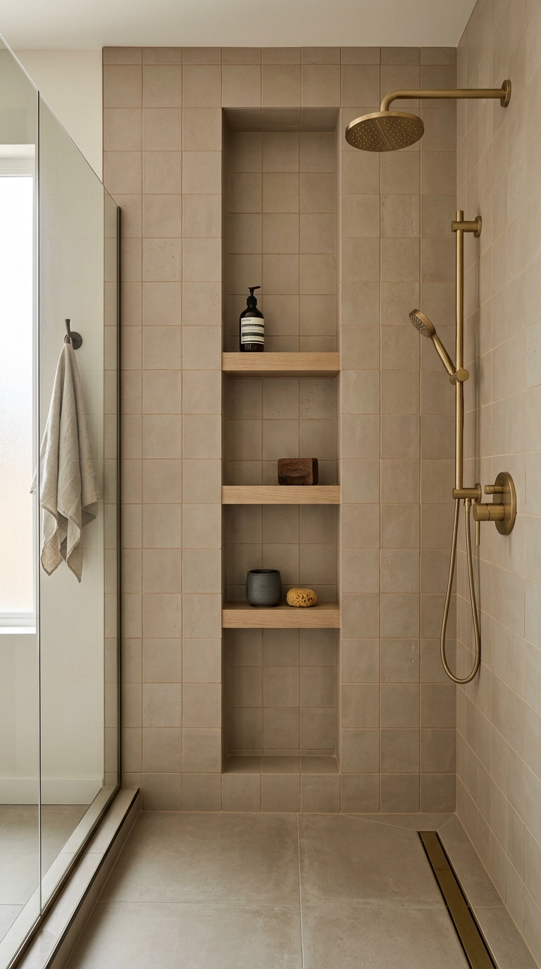 Tall floor-to-ceiling recessed shower niche with three shelves in a clay-beige tiled wall