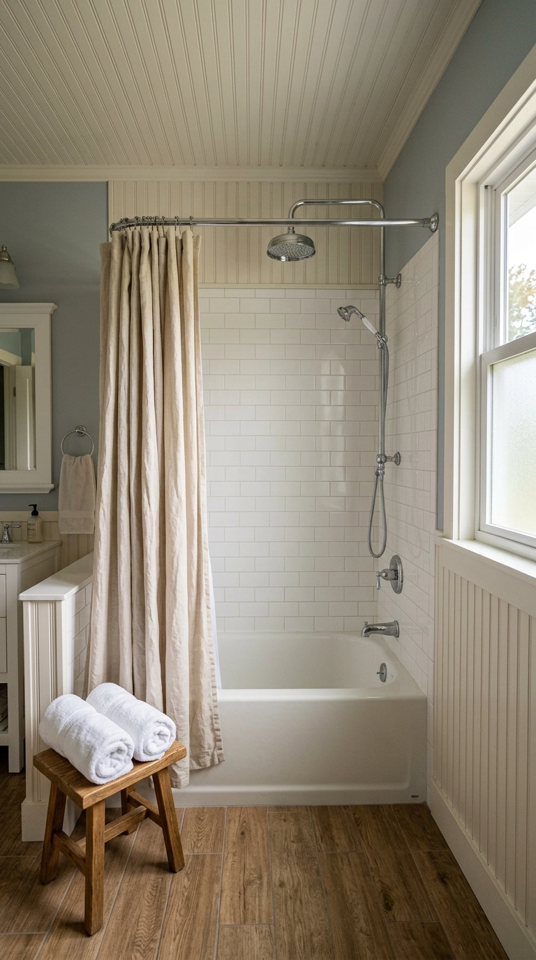 White beadboard wall paneling on the dry wall beside a tub shower with a linen curtain