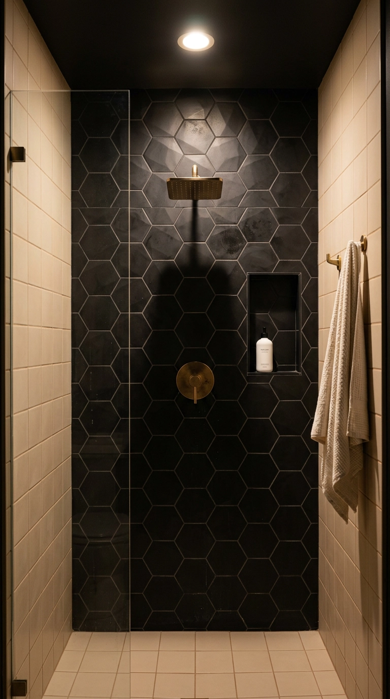 Matte black hexagon tile shower wall paired with pale oatmeal tile and brass fixtures