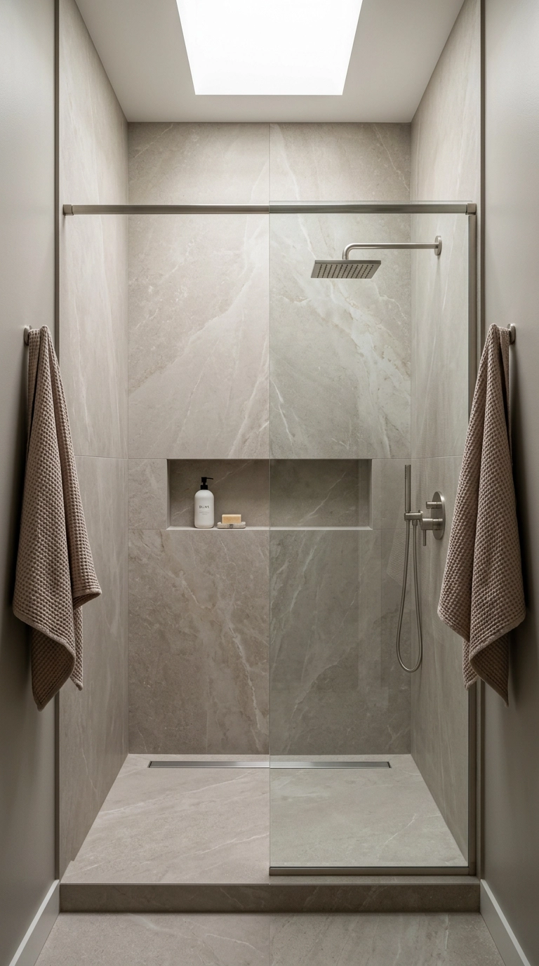 Large-format greige porcelain slab shower wall with a single seam and brushed nickel rain head