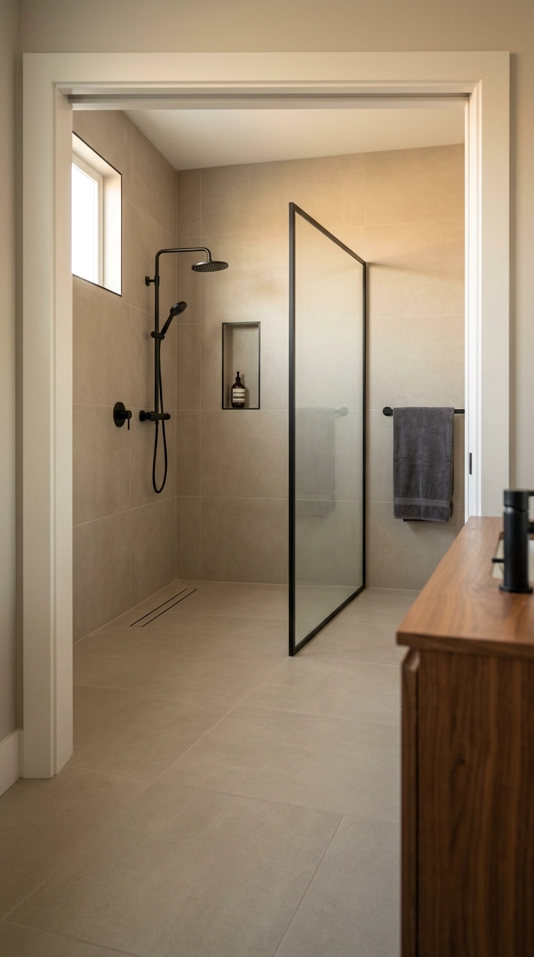 Curbless shower with the same greige tile running from the bathroom floor up the shower wall
