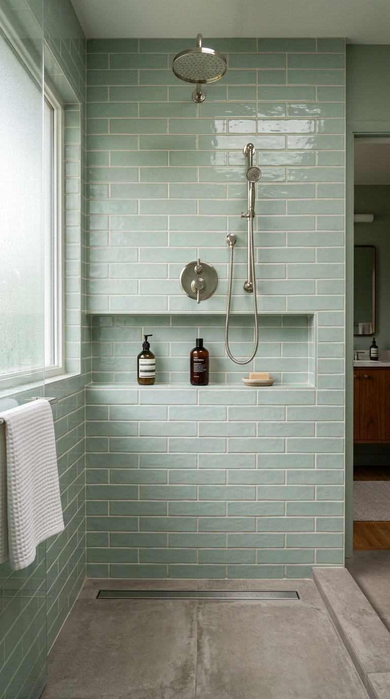 Full-width recessed shower ledge across a pale sea-glass green tiled shower wall