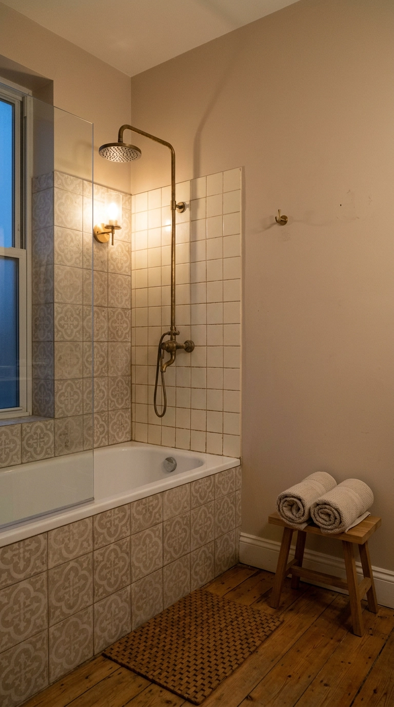 Peel-and-stick sand-toned tile panels on the dry wall next to an apartment shower surround