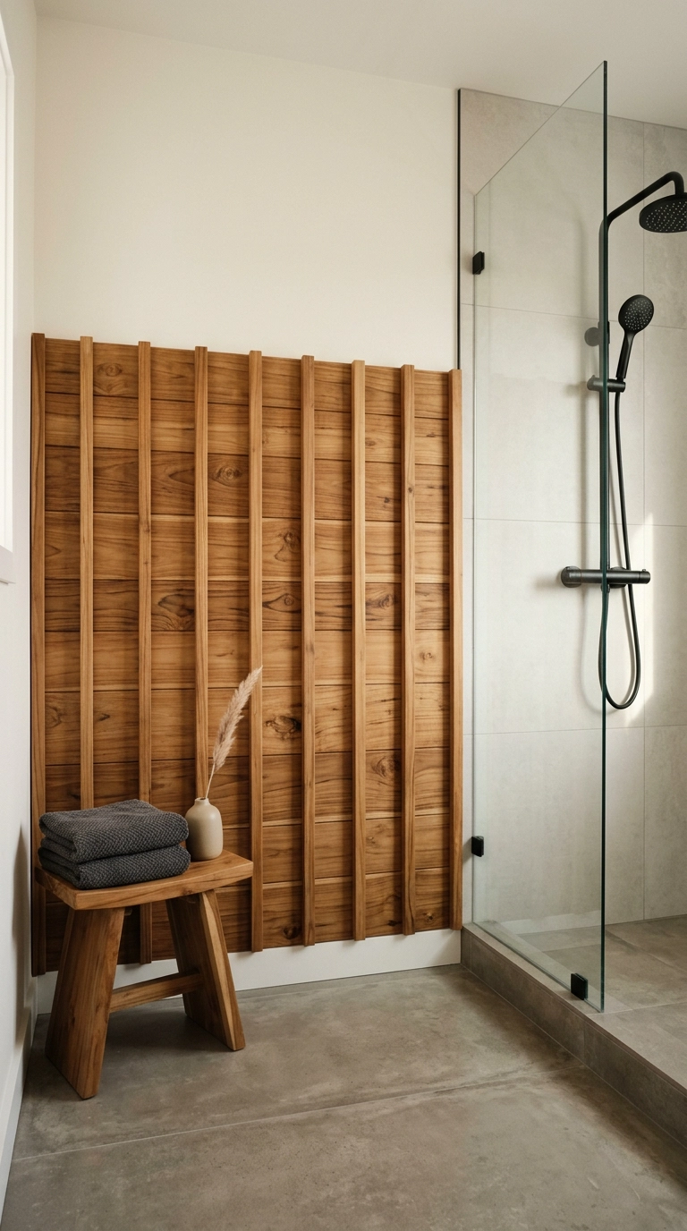 Teak vertical slat wall panel mounted outside a glass shower with a matching stool