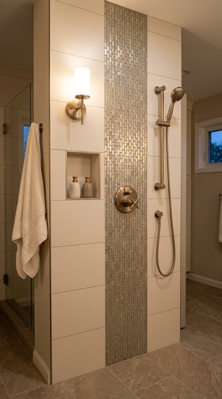 Iridescent pewter glass mosaic vertical stripe on a cream tiled shower wall