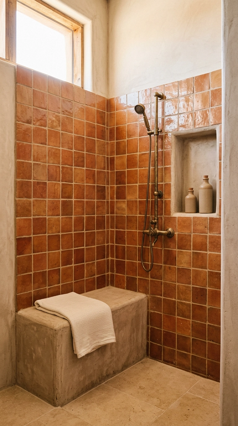 Burnt clay terracotta tile shower wall with aged brass fixtures and a plaster bench