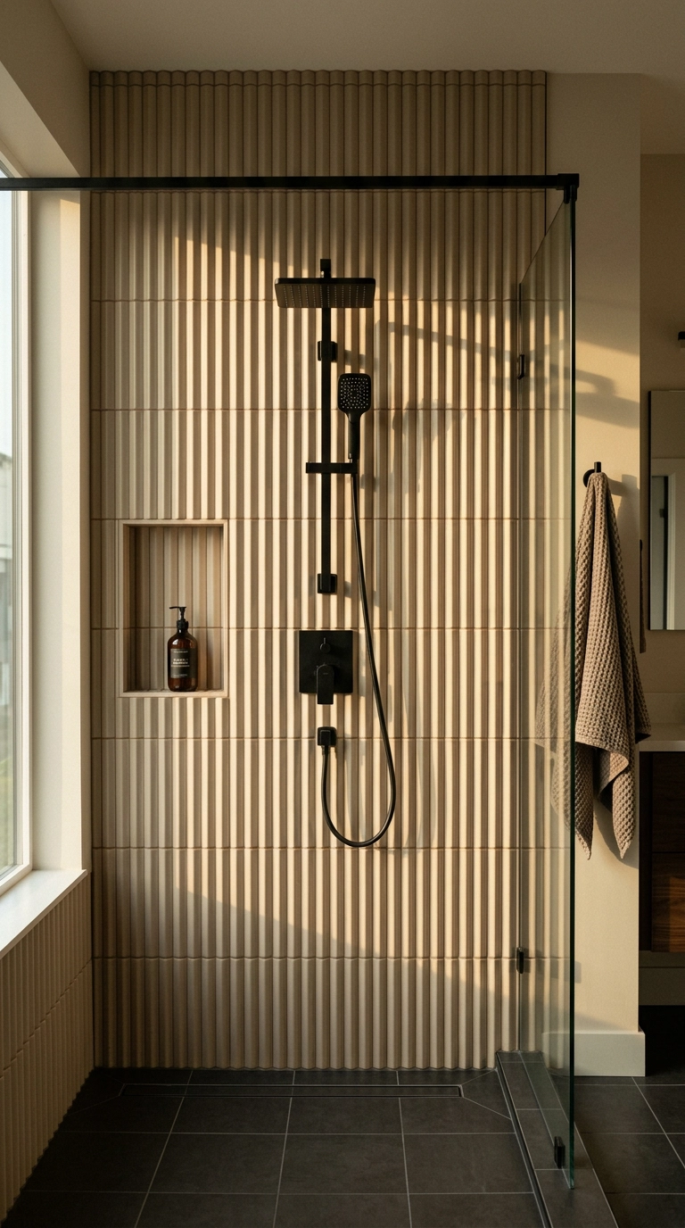 Vertical fluted beige three-dimensional tile shower wall with raking side light and black fixtures