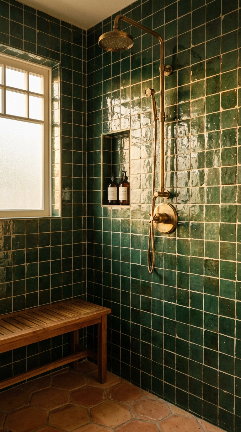 Deep green zellige tile shower wall with aged brass fixtures and a teak bench