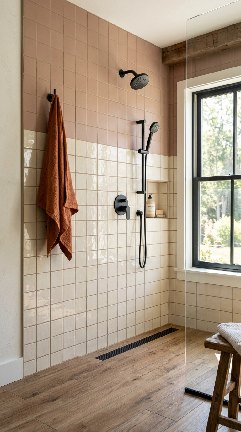 Two-tone shower wall with cream tile below and matte clay-pink tile above a horizontal break