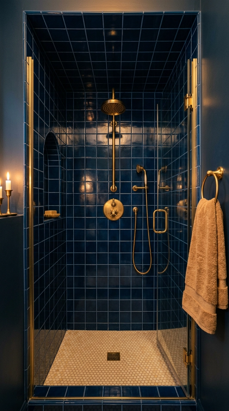 Deep inky blue glossy tile drenching every shower wall and the ceiling with brass fixtures
