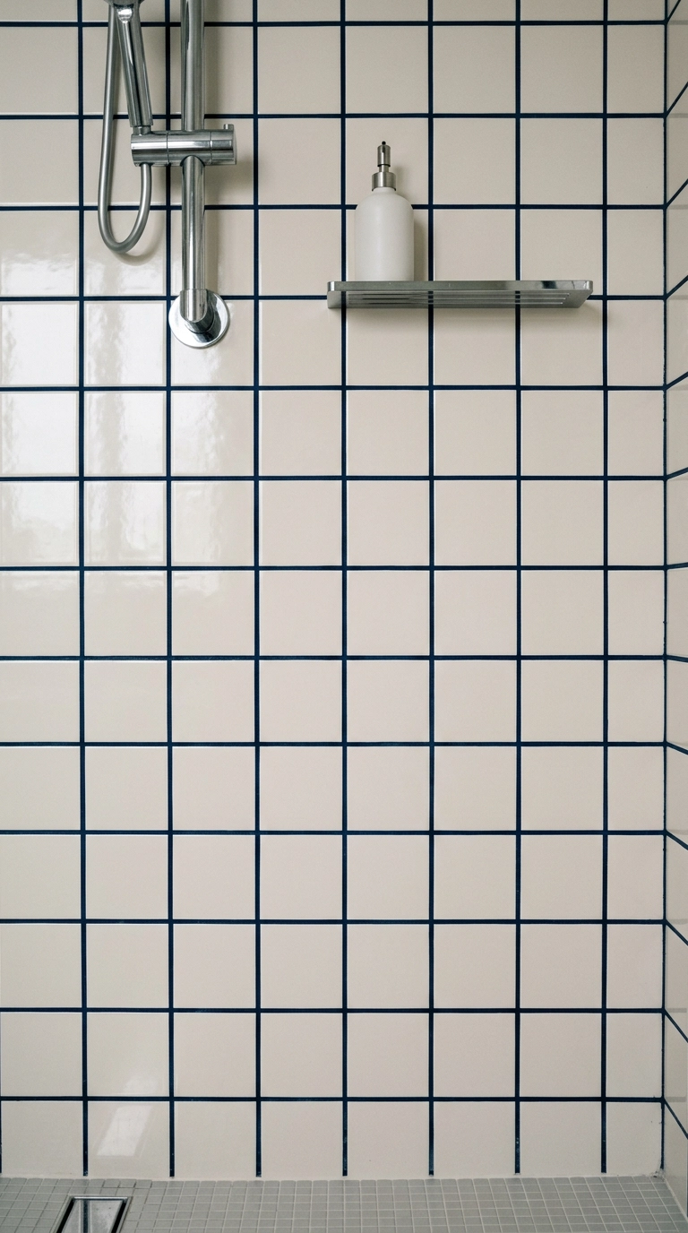 White square shower wall tile with bold navy grout creating a graphic grid pattern