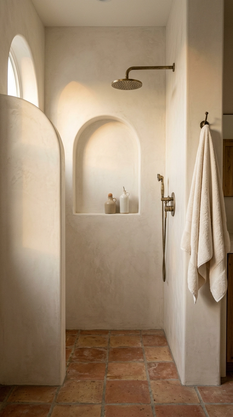 Arched recessed niche in a bone-white microcement shower wall with brass fixtures