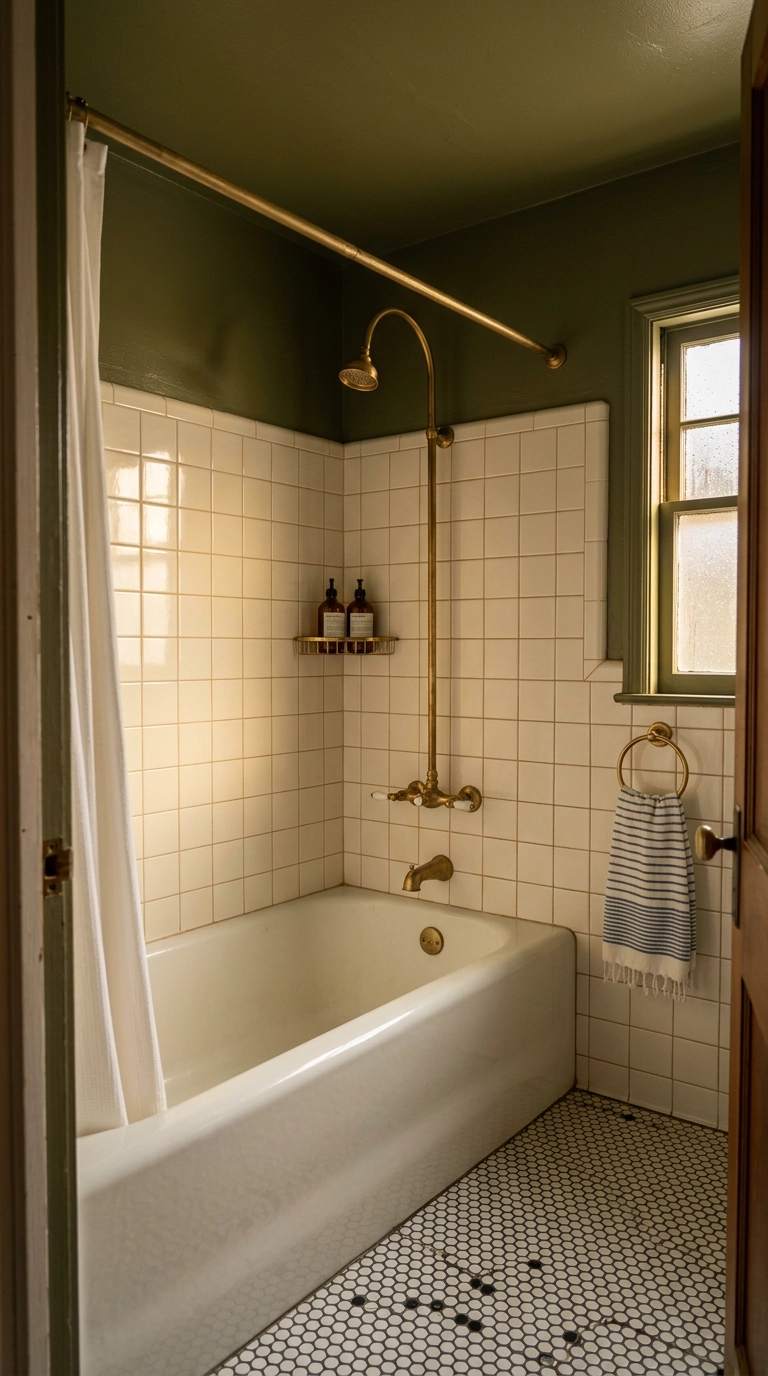 Half-tiled shower wall in white with deep olive green paint above the tile line