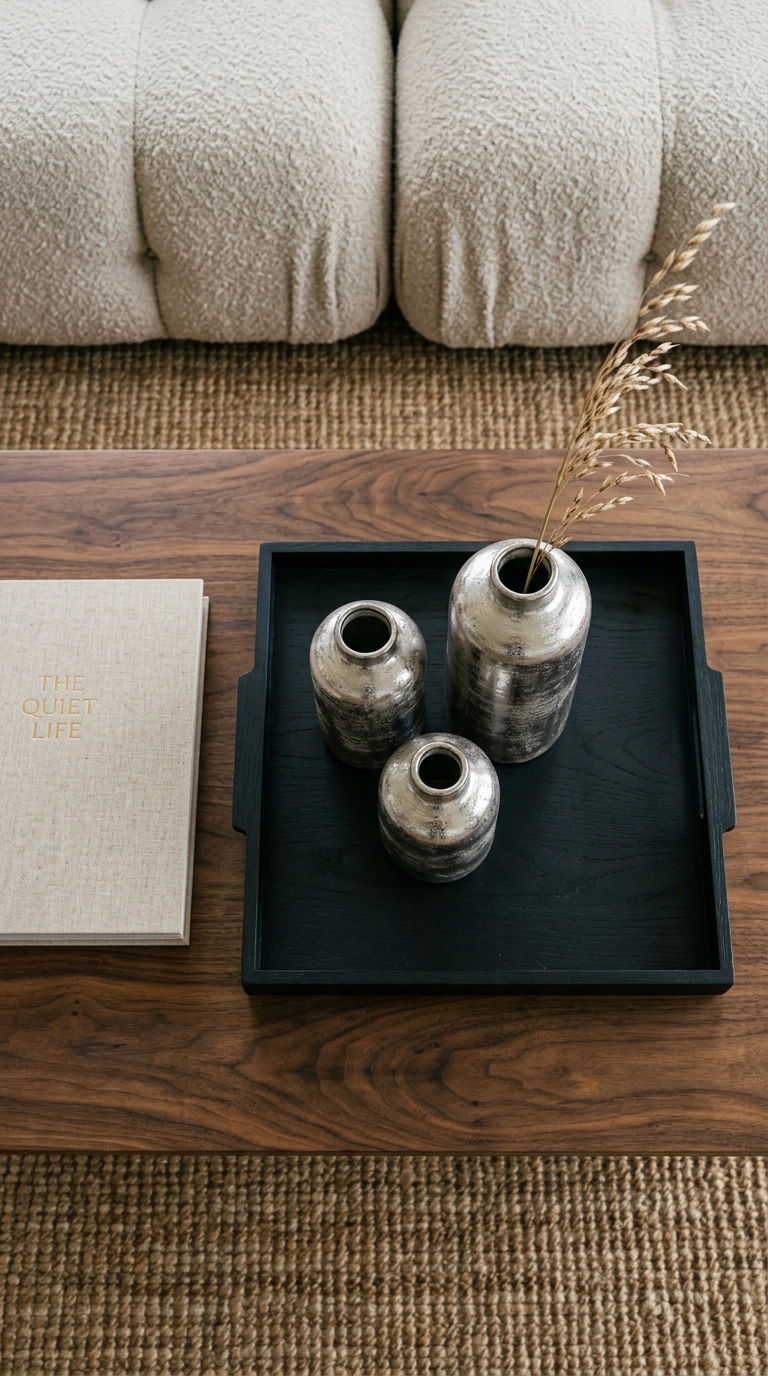 Three brushed silver ceramic vases of varying heights grouped on a walnut coffee table tray