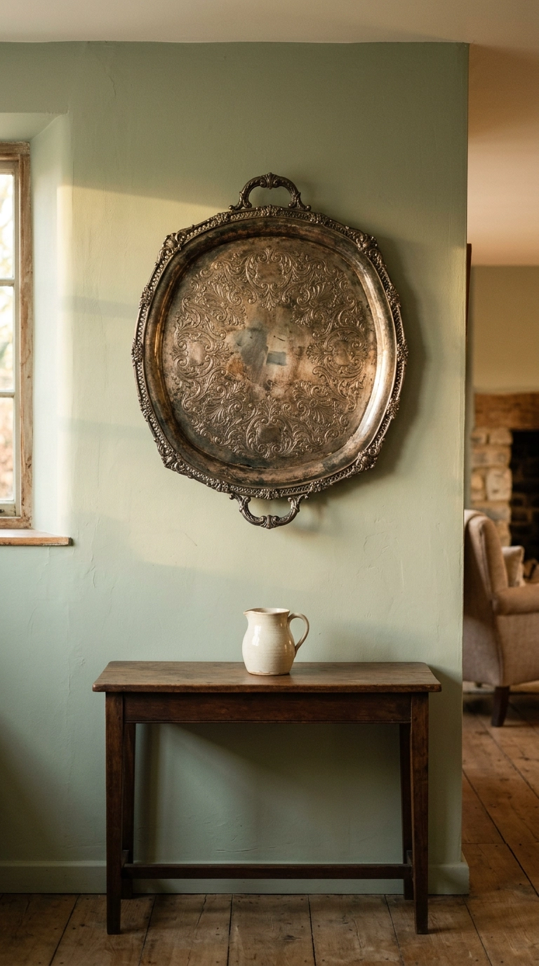 Ornate antique silver serving tray mounted as wall art above a walnut console