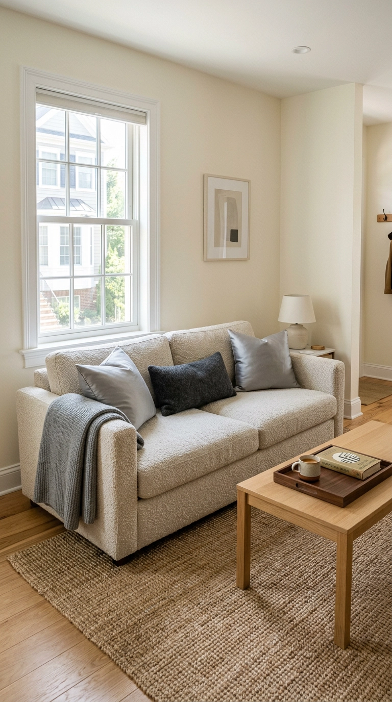 Silver-grey silk and charcoal wool pillows layered on an oatmeal boucle sofa