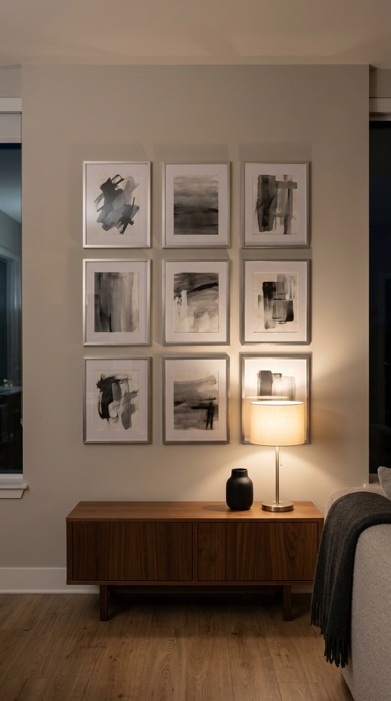 Nine brushed silver frames in a three by three gallery grid above a walnut credenza
