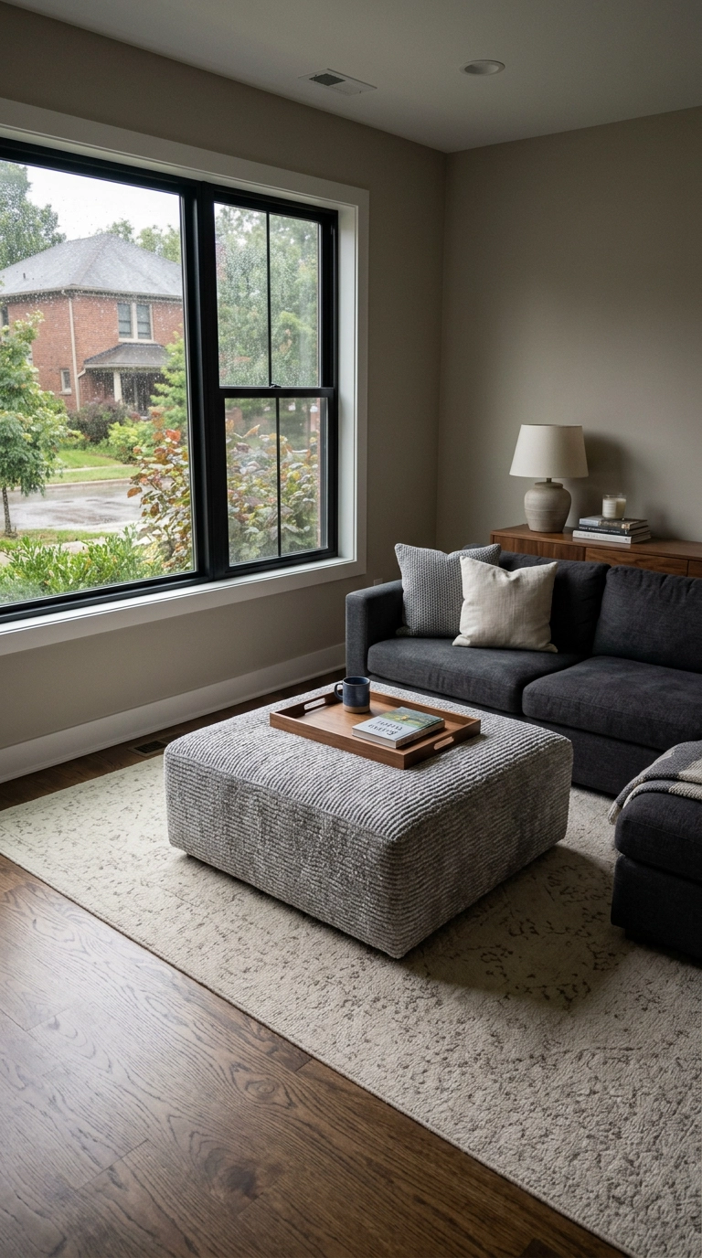 Silver-grey textured ottoman used as a coffee table in front of a charcoal sectional