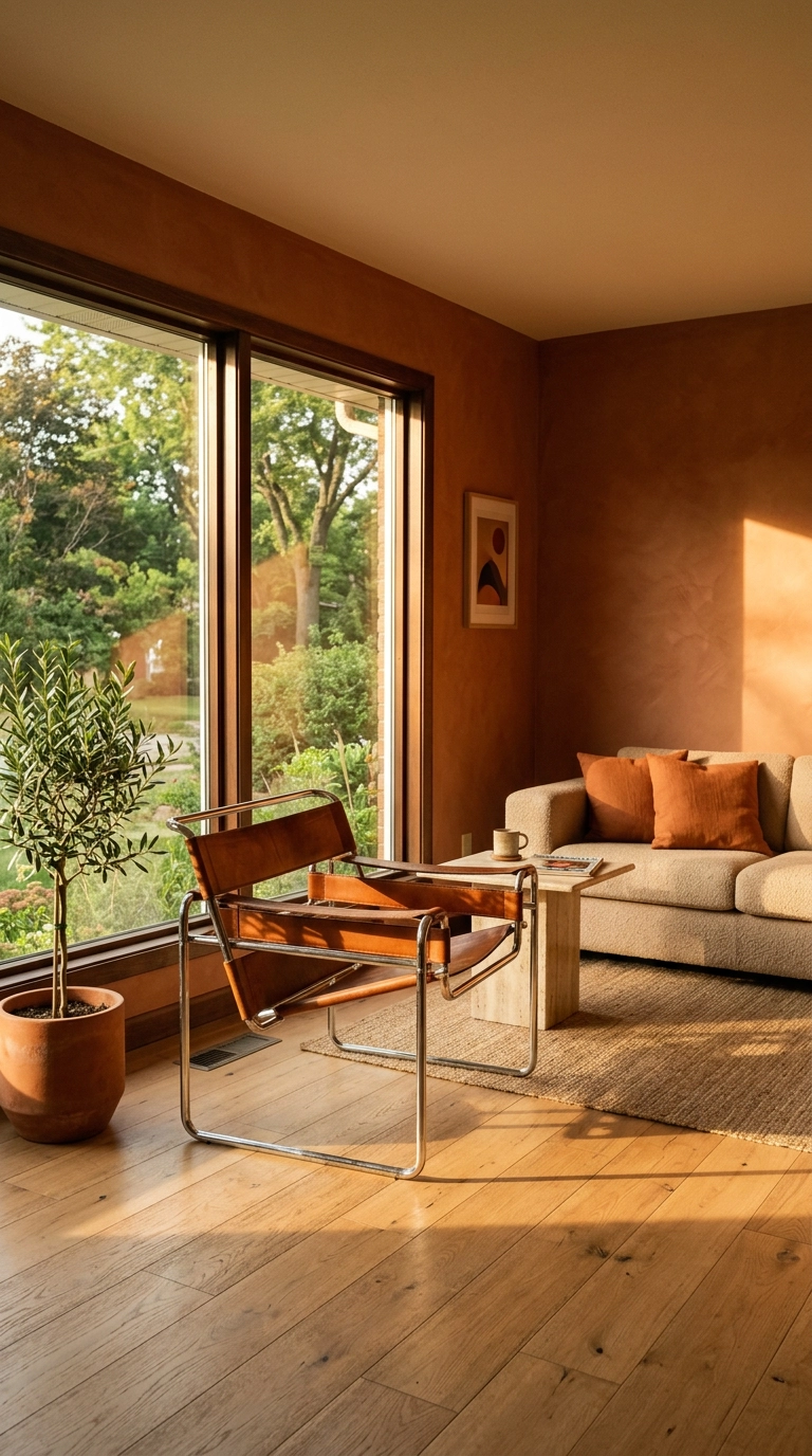 Vintage chrome sling chair with cognac leather seat in a terracotta 70s revival living room