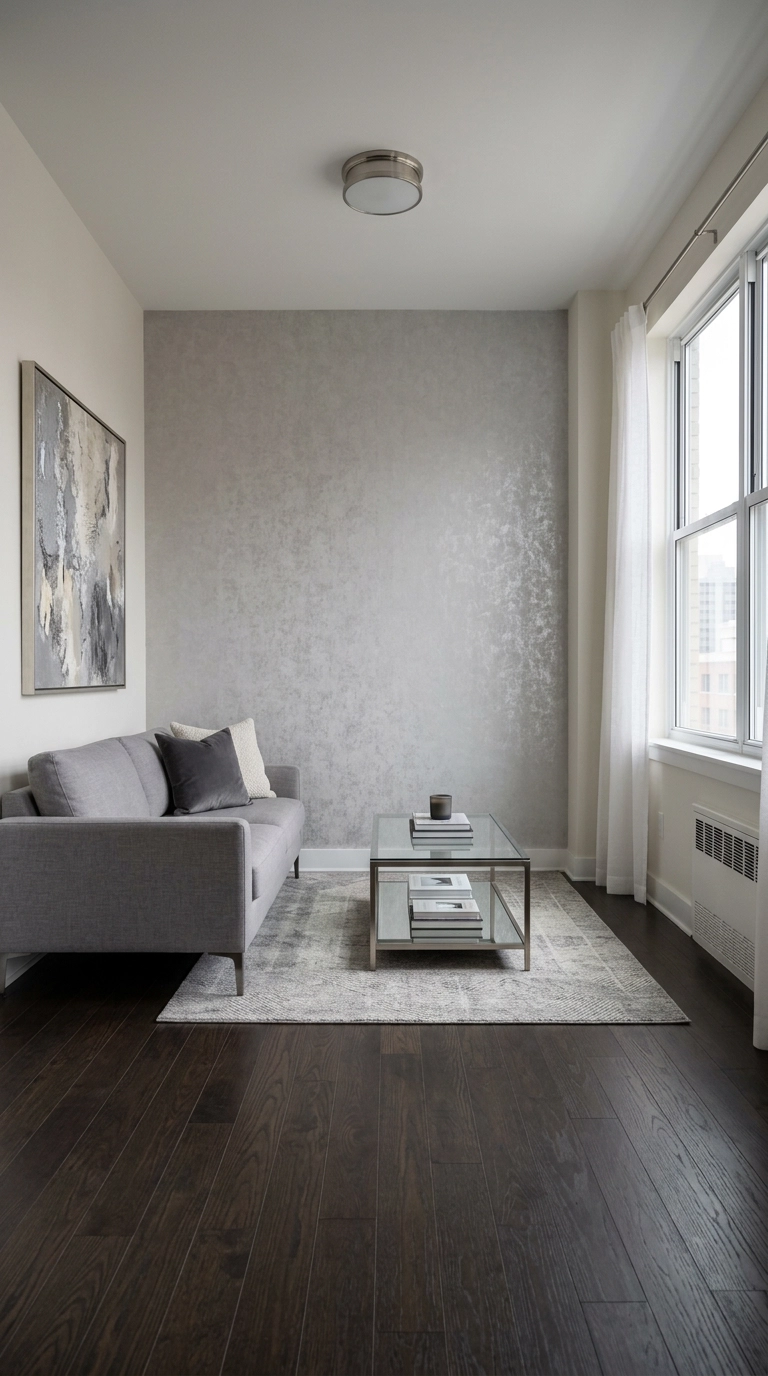 Silver foil removable wallpaper accent wall behind a smoke grey sofa in an apartment