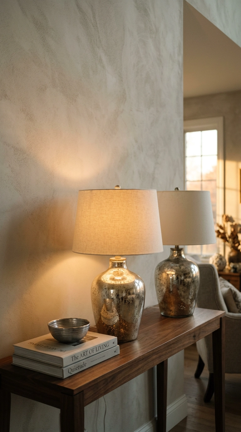 Pair of mercury glass silver lamps on a walnut console table beside a plaster wall