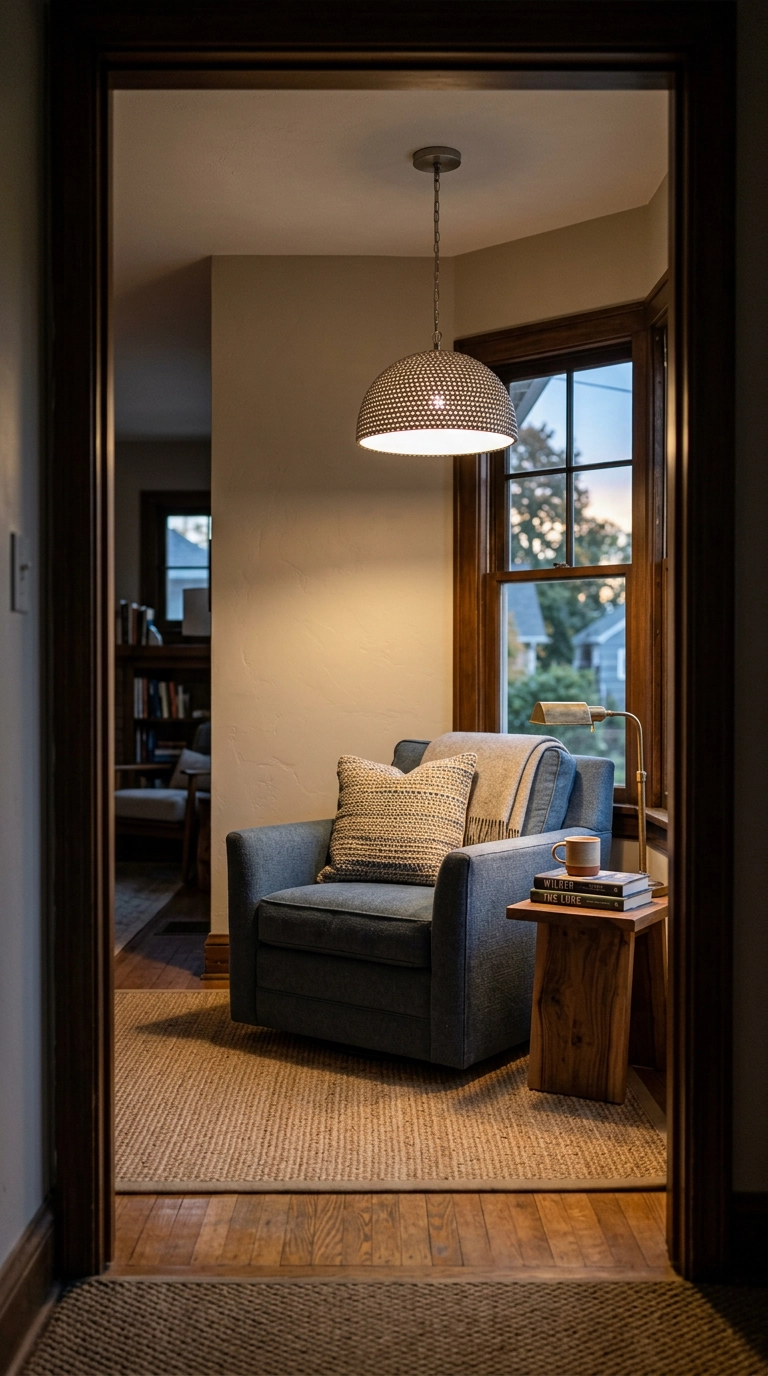 Silver beaded dome pendant hanging low over a slate blue reading chair in a bay window nook