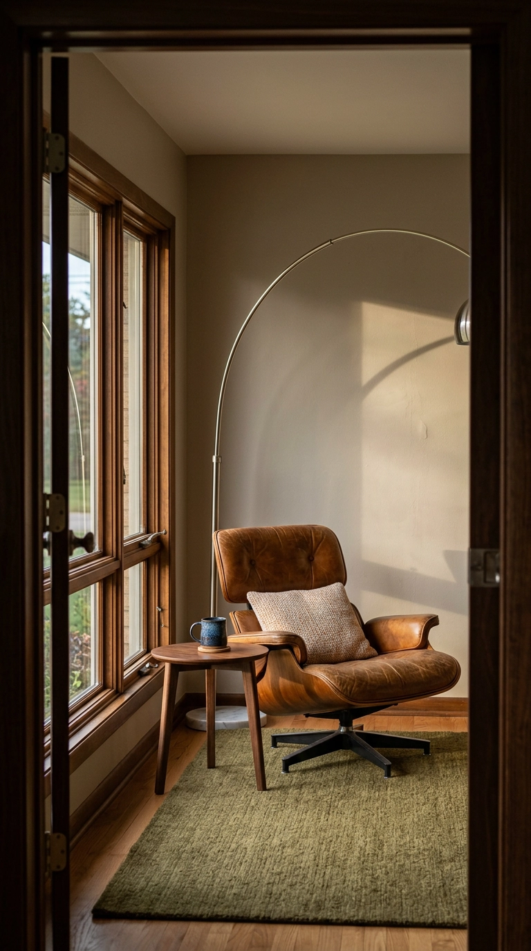 Polished nickel arc floor lamp arching over a caramel leather reading chair