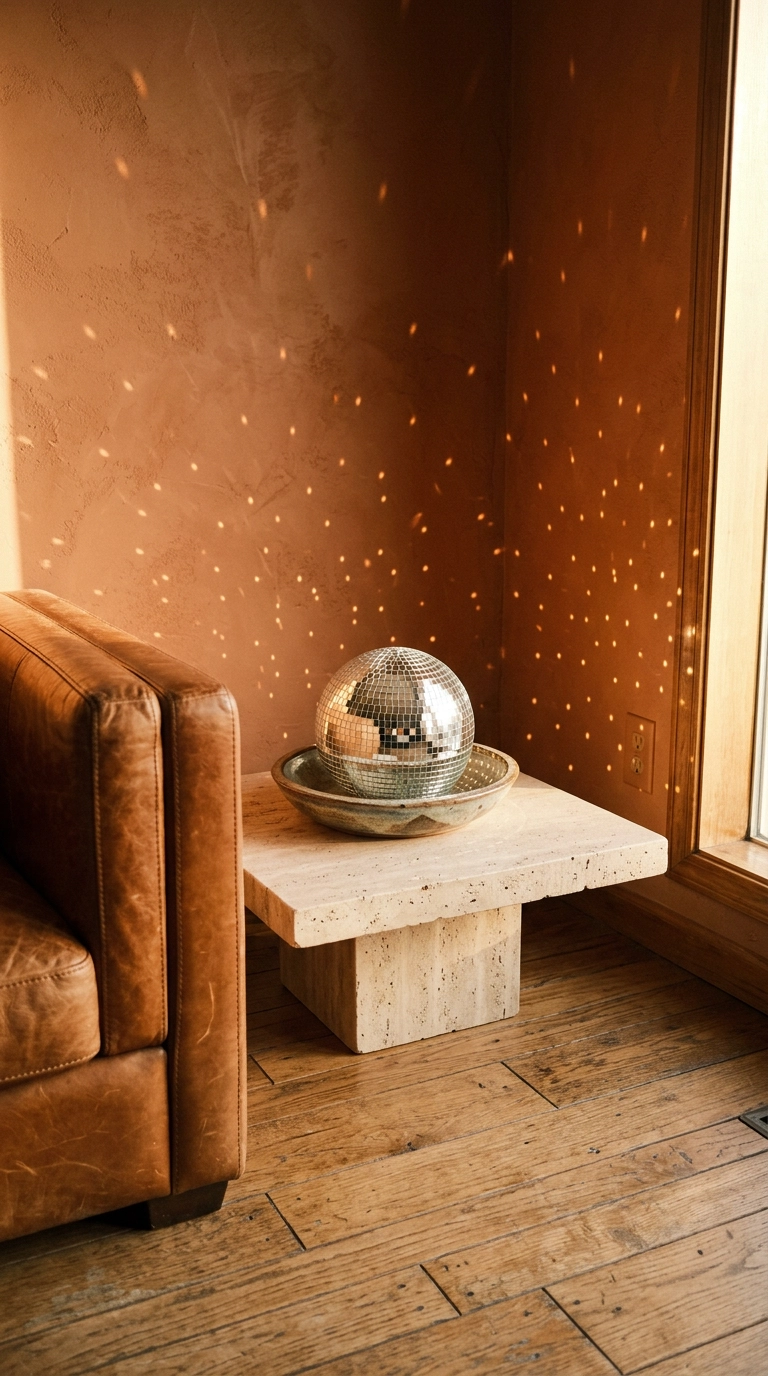 Small silver disco ball resting in a ceramic dish on a travertine plinth casting light dots