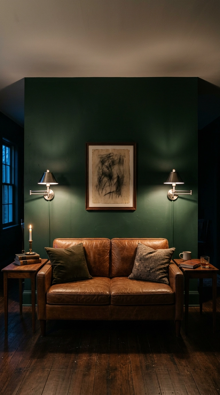 Two brushed nickel swing-arm sconces flanking a leather sofa on a hunter green wall