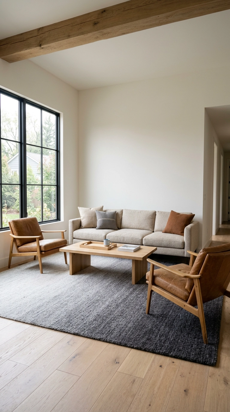 Silver to charcoal ombre wool rug anchoring a sofa and two leather chairs