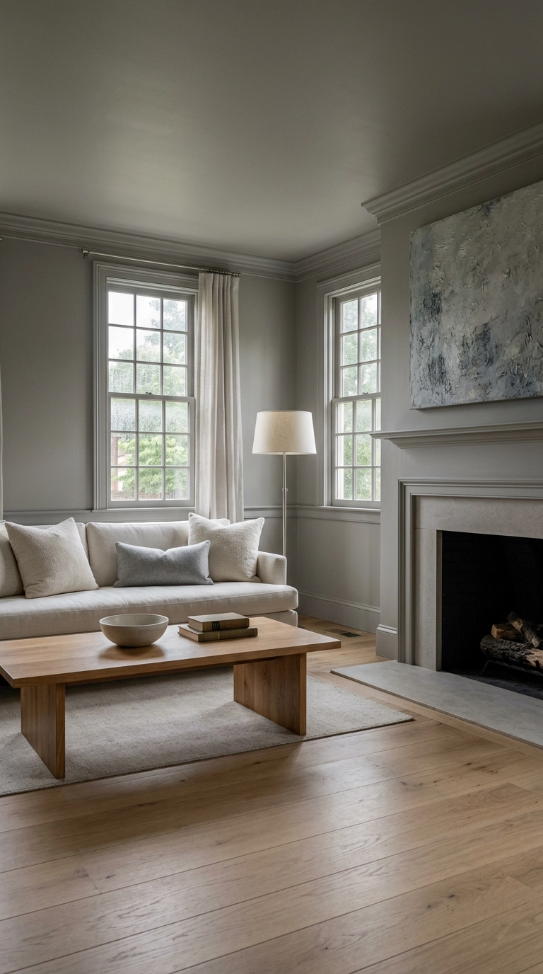 Living room color drenched in soft pewter grey paint with an ivory linen sofa