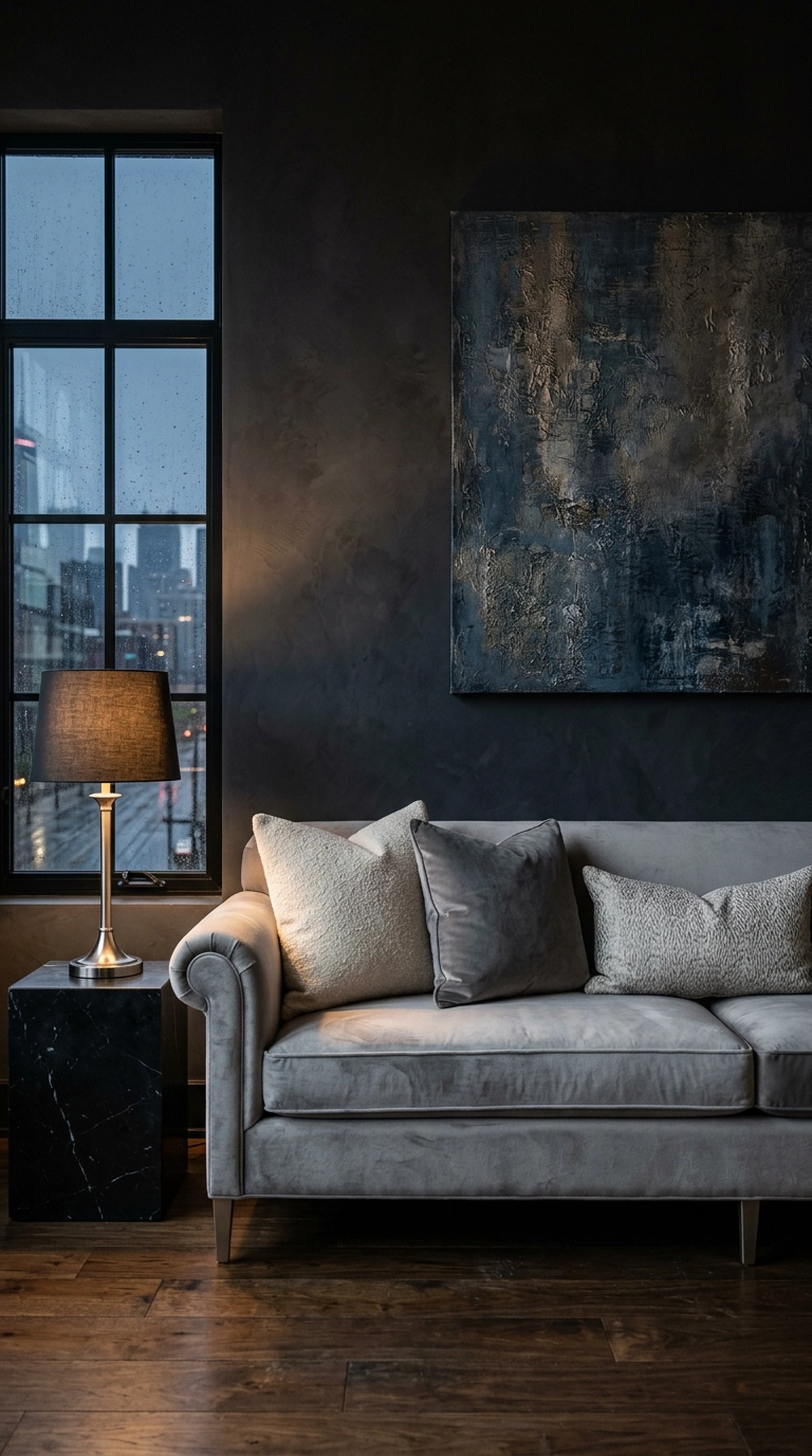 Silver-grey velvet sofa against a dark charcoal wall in a moody apartment living room