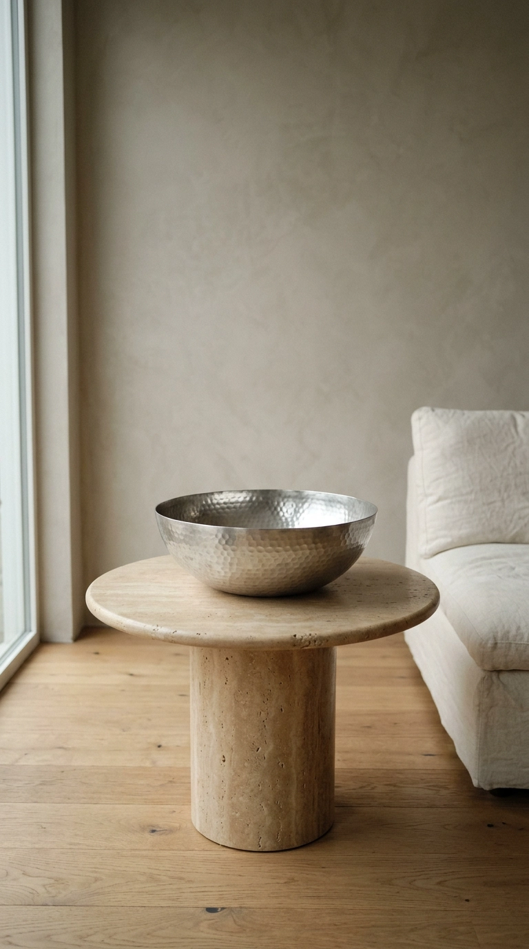 Large hammered silver bowl sitting alone on a round travertine pedestal table