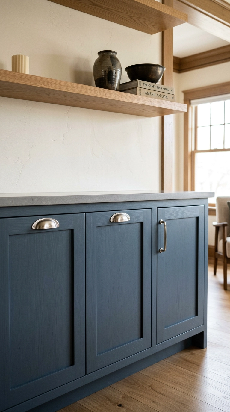 Brushed nickel bar pulls on deep slate blue built-in cabinets with an oak shelf above