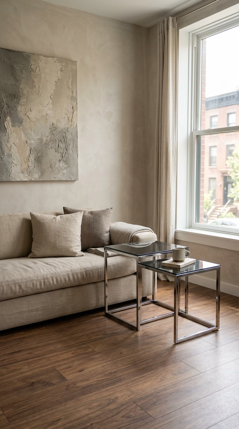 Smoked glass and chrome nesting side tables beside a sand linen sofa