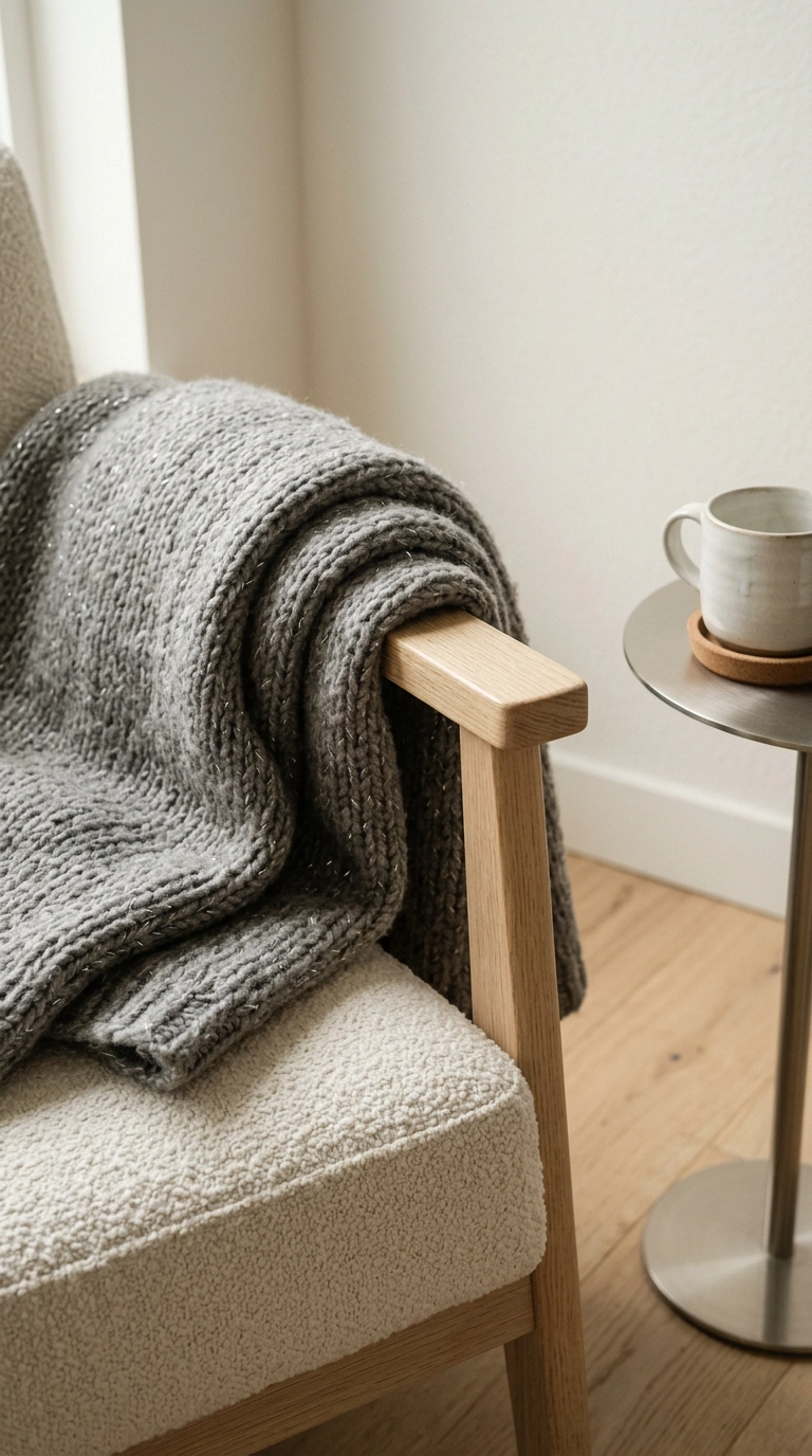 Heather grey wool throw with silver thread draped over a pale oak accent chair arm