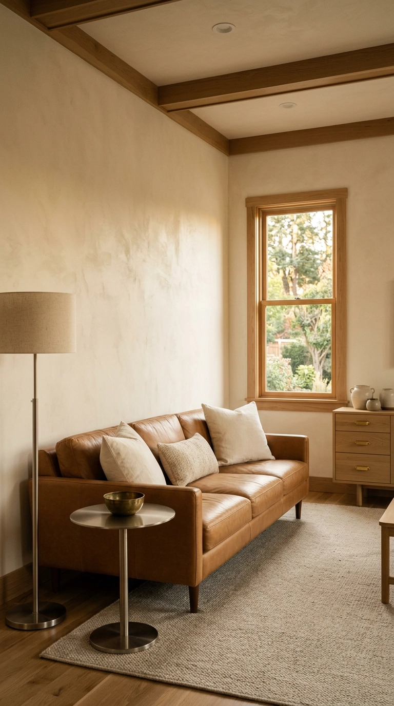 Brushed nickel lamp and side table mixed with small brass accents in a warm living room