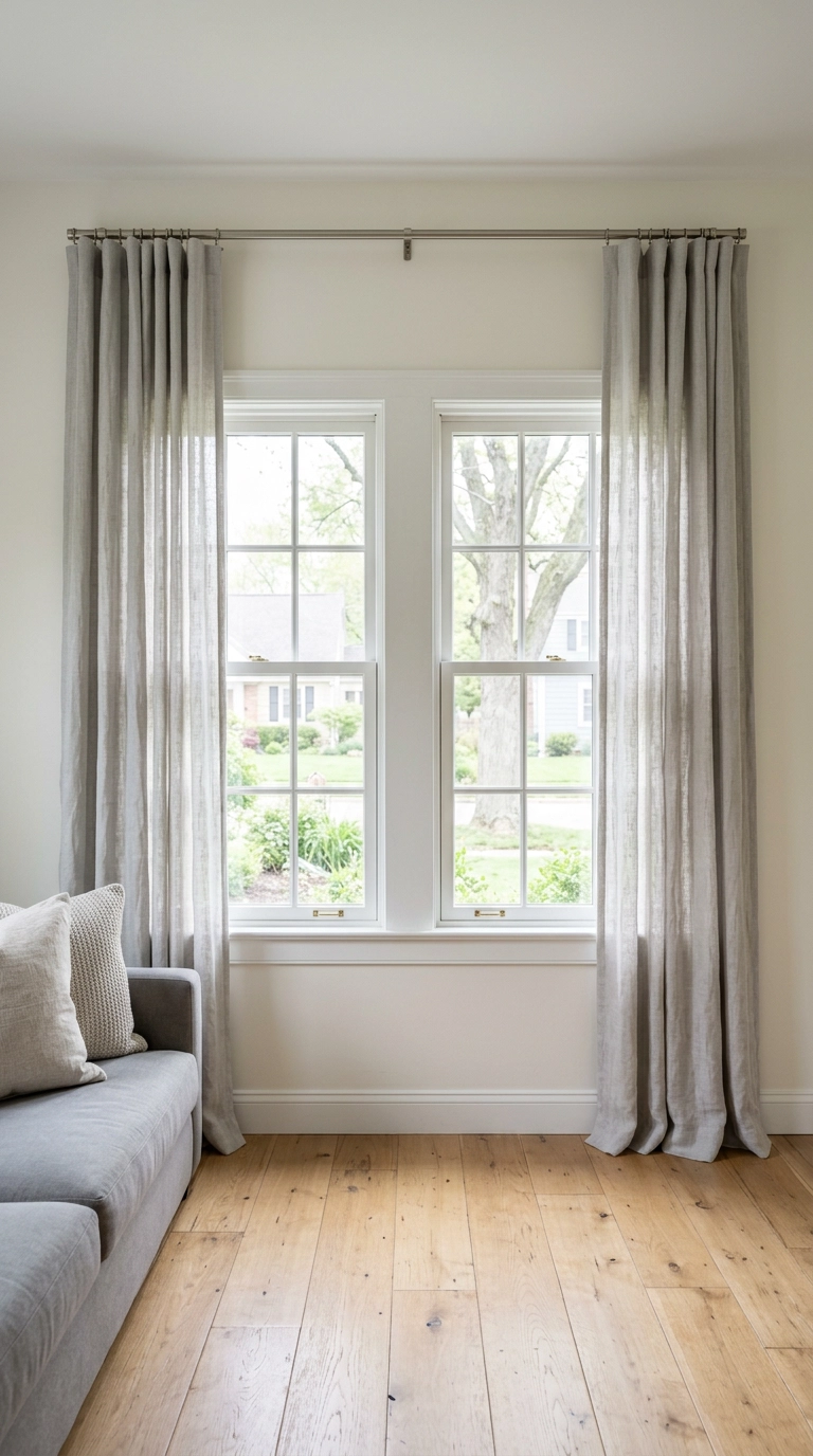 Silver-shot linen curtains hung high on a brushed nickel rod beside double-hung windows